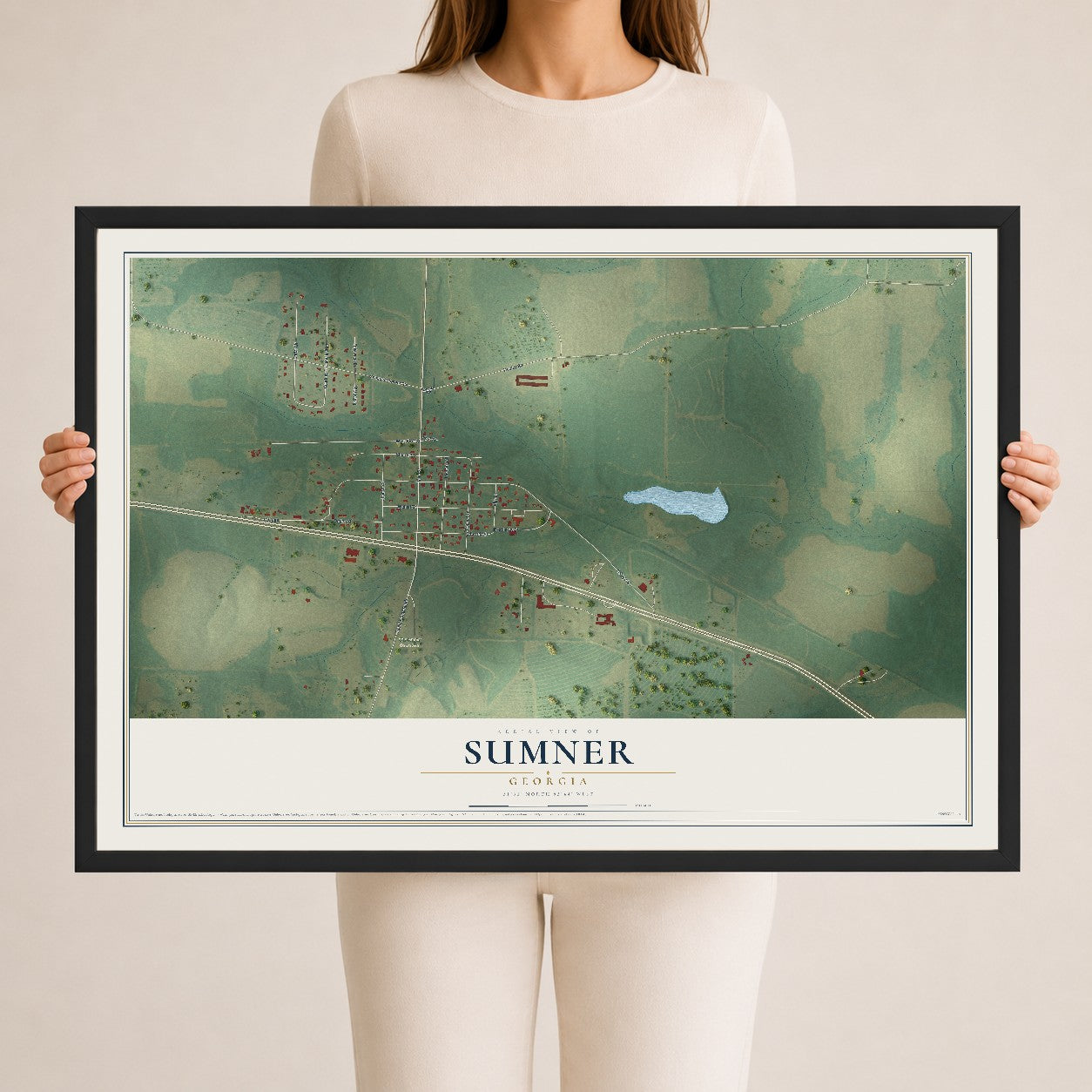 Sumner, Georgia map print, 24" x 36" W/ Black Ayous Wood Frame mockup