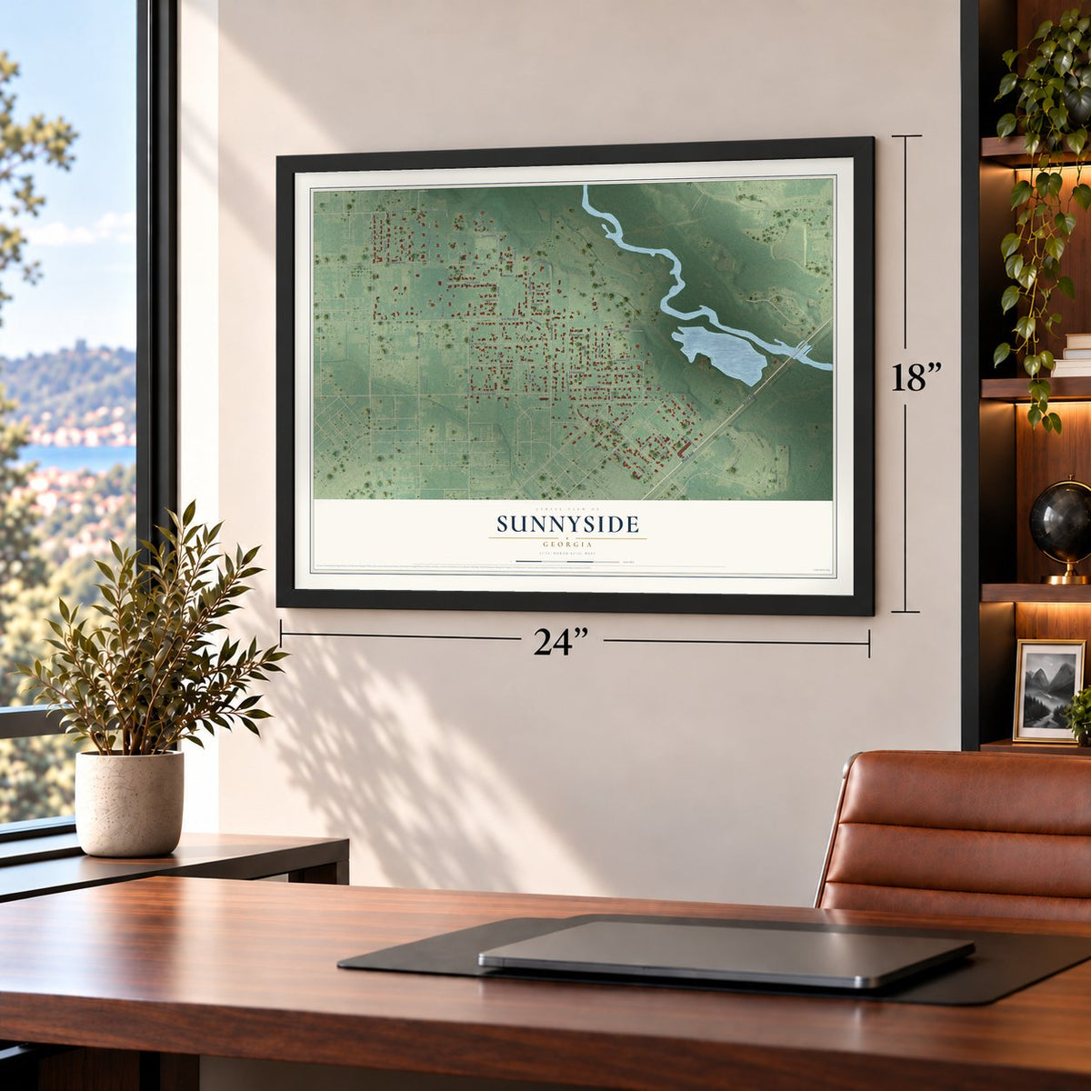Sunnyside, Georgia map, 18 x 24 inch print in a black frame in a home office