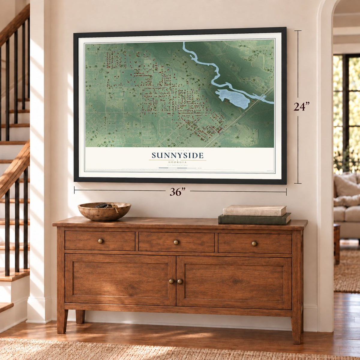 Sunnyside, Georgia map, 24 x 36 inch print in a black frame above a dresser by a staircase