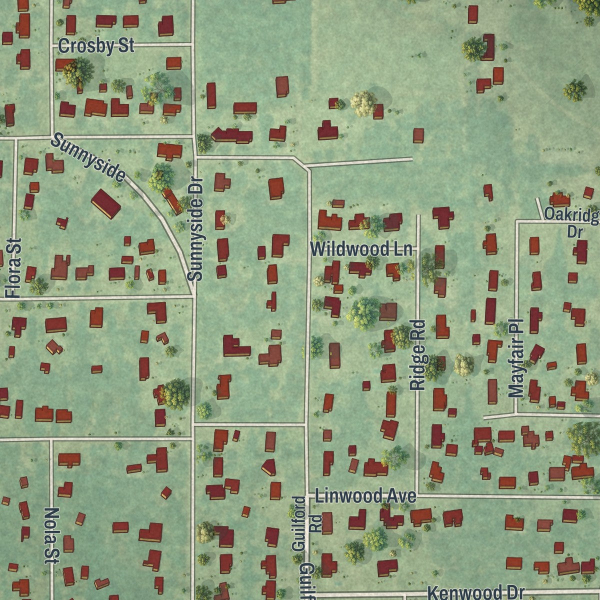 Close-up of the map of Sunnyside, Georgia print showing street and building detail