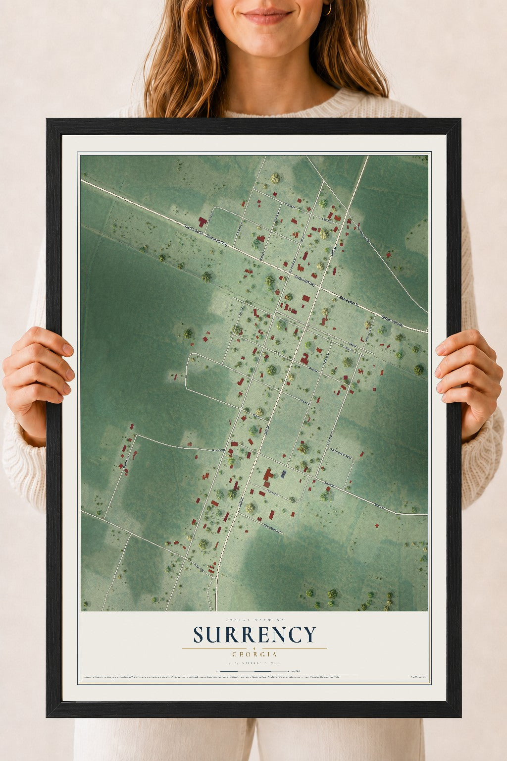 Surrency, Georgia map print, 18" x 24" W/ Black Ayous Wood Frame mockup