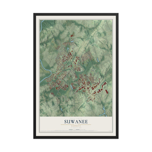 Map of Suwanee, Georgia, 12 x 18 inch print in a black wood frame