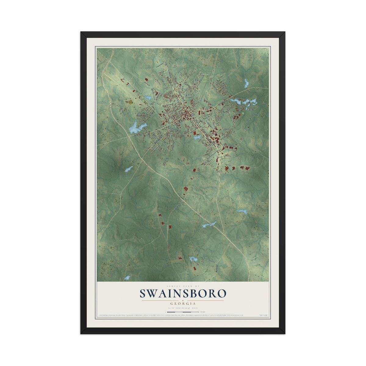 Swainsboro, Georgia map print, 12" x 18" W/ Black Ayous Wood Frame mockup