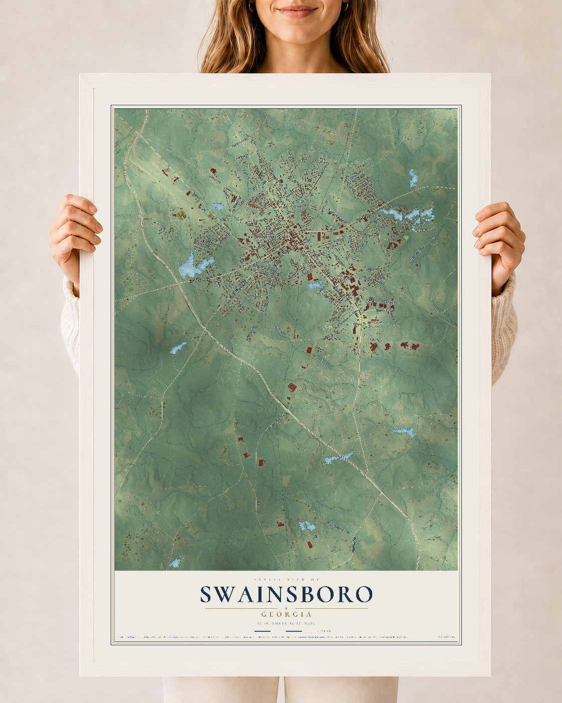 Swainsboro, Georgia map print, 24" x 36" W/ White Ayous Wood Frame mockup