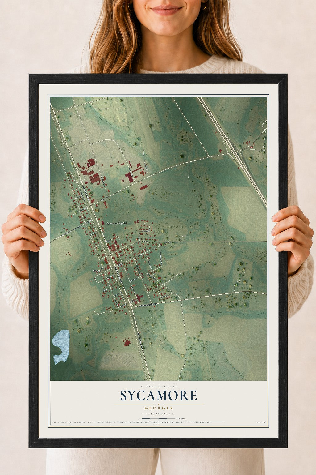 Sycamore, Georgia map print, 18" x 24" W/ Black Ayous Wood Frame mockup
