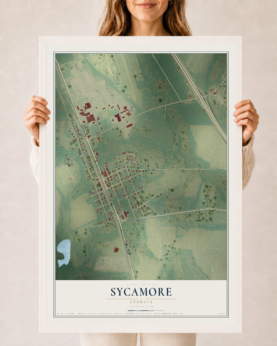 Sycamore, Georgia map print, 24" x 36" W/ White Ayous Wood Frame mockup
