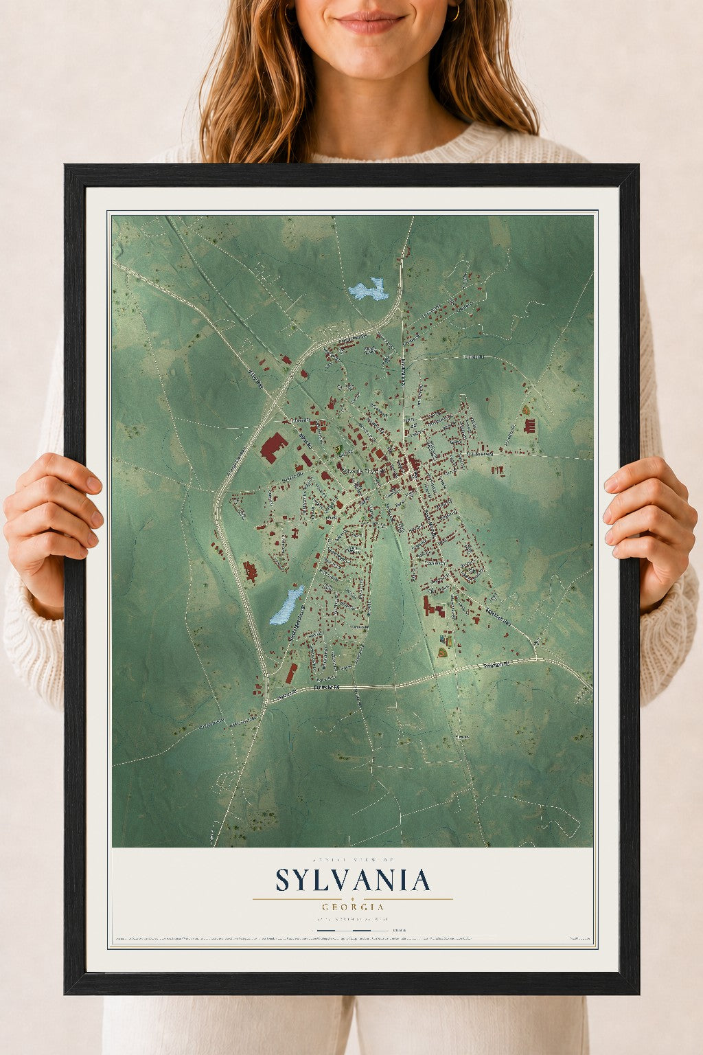 Sylvania, Georgia map print, 18" x 24" W/ Black Ayous Wood Frame mockup