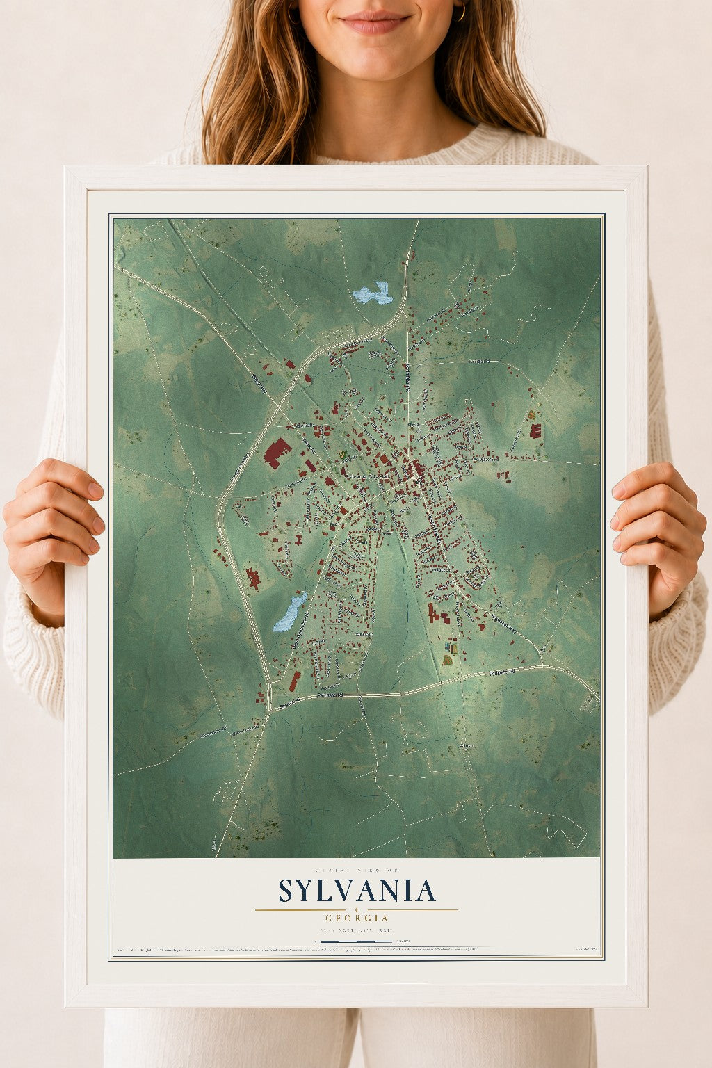 Sylvania, Georgia map print, 18" x 24" W/ White Ayous Wood Frame mockup
