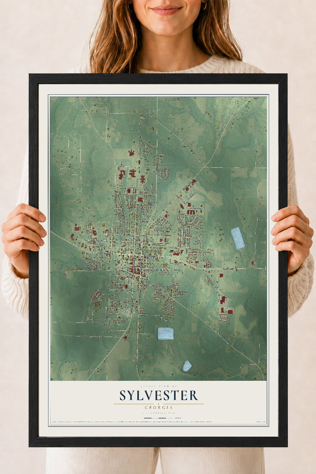 Sylvester, Georgia map print, 18" x 24" W/ Black Ayous Wood Frame mockup
