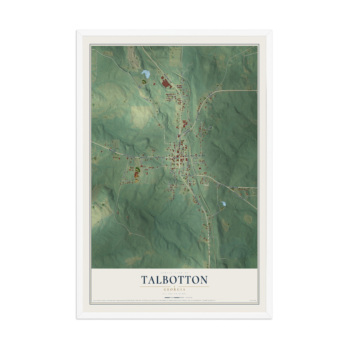 Talbotton, Georgia map print, 12" x 18" W/ White Ayous Wood Frame mockup