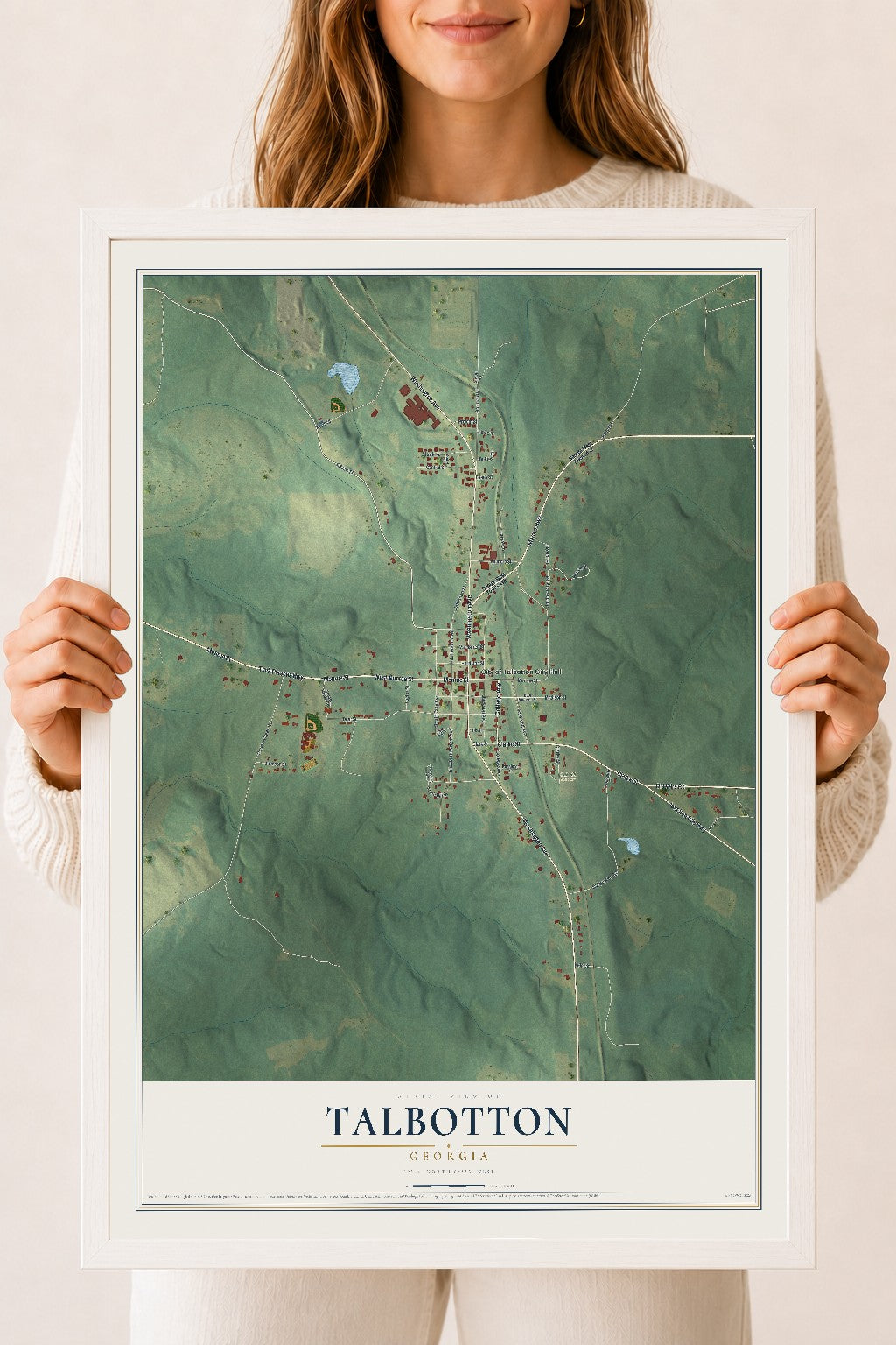 Talbotton, Georgia map print, 18" x 24" W/ White Ayous Wood Frame mockup