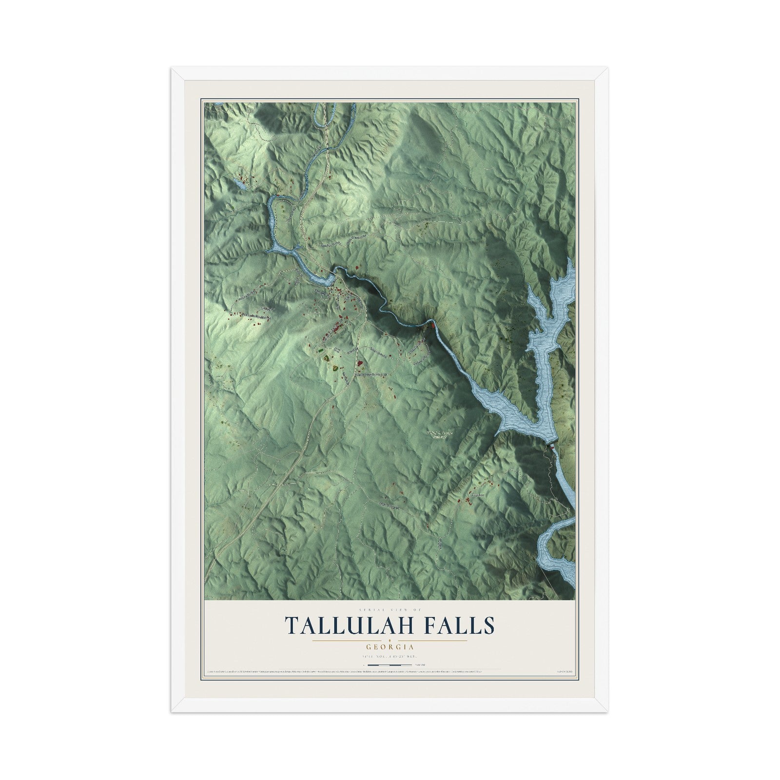 Tallulah Falls, Georgia map print, 12" x 18" W/ White Ayous Wood Frame mockup