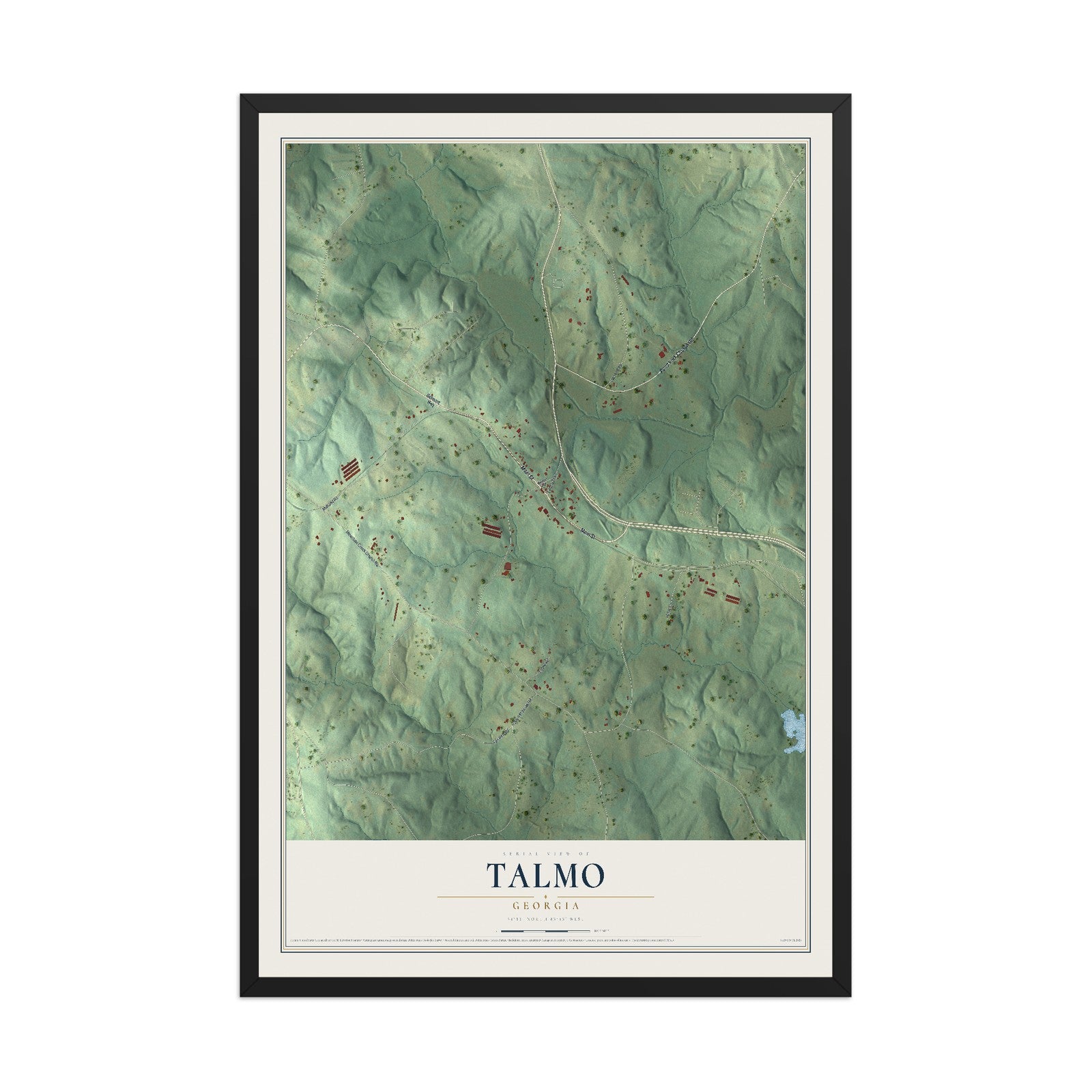Talmo, Georgia map print, 12" x 18" W/ Black Ayous Wood Frame mockup