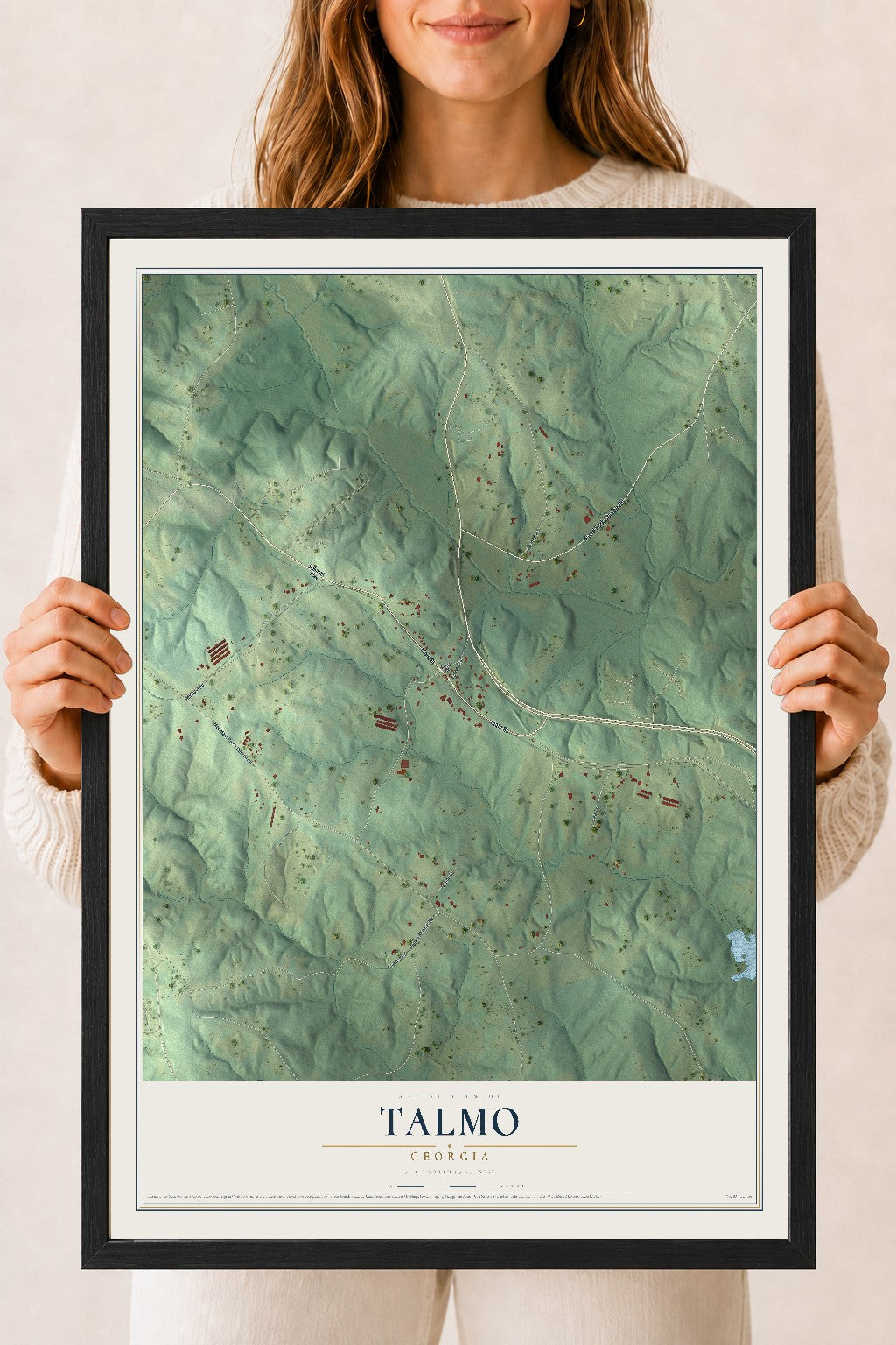 Talmo, Georgia map print, 18" x 24" W/ Black Ayous Wood Frame mockup