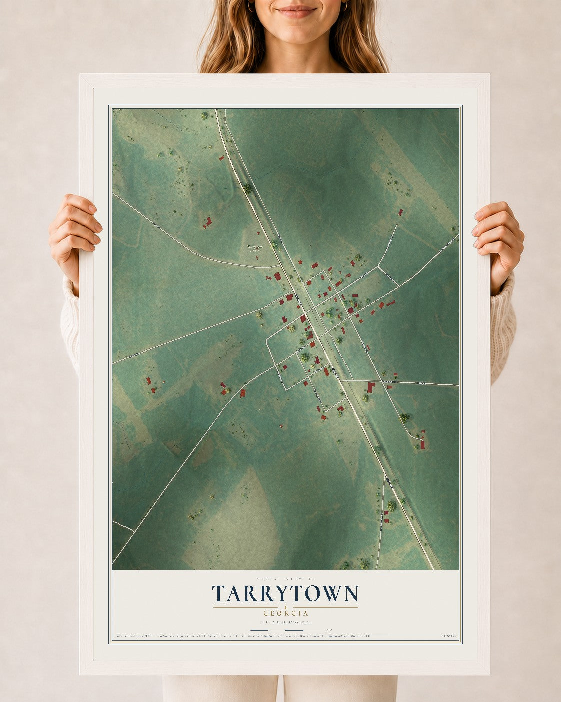 Tarrytown, Georgia map print, 24" x 36" W/ White Ayous Wood Frame mockup