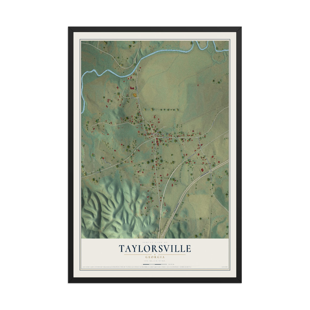 Taylorsville, Georgia map print, 12" x 18" W/ Black Ayous Wood Frame mockup