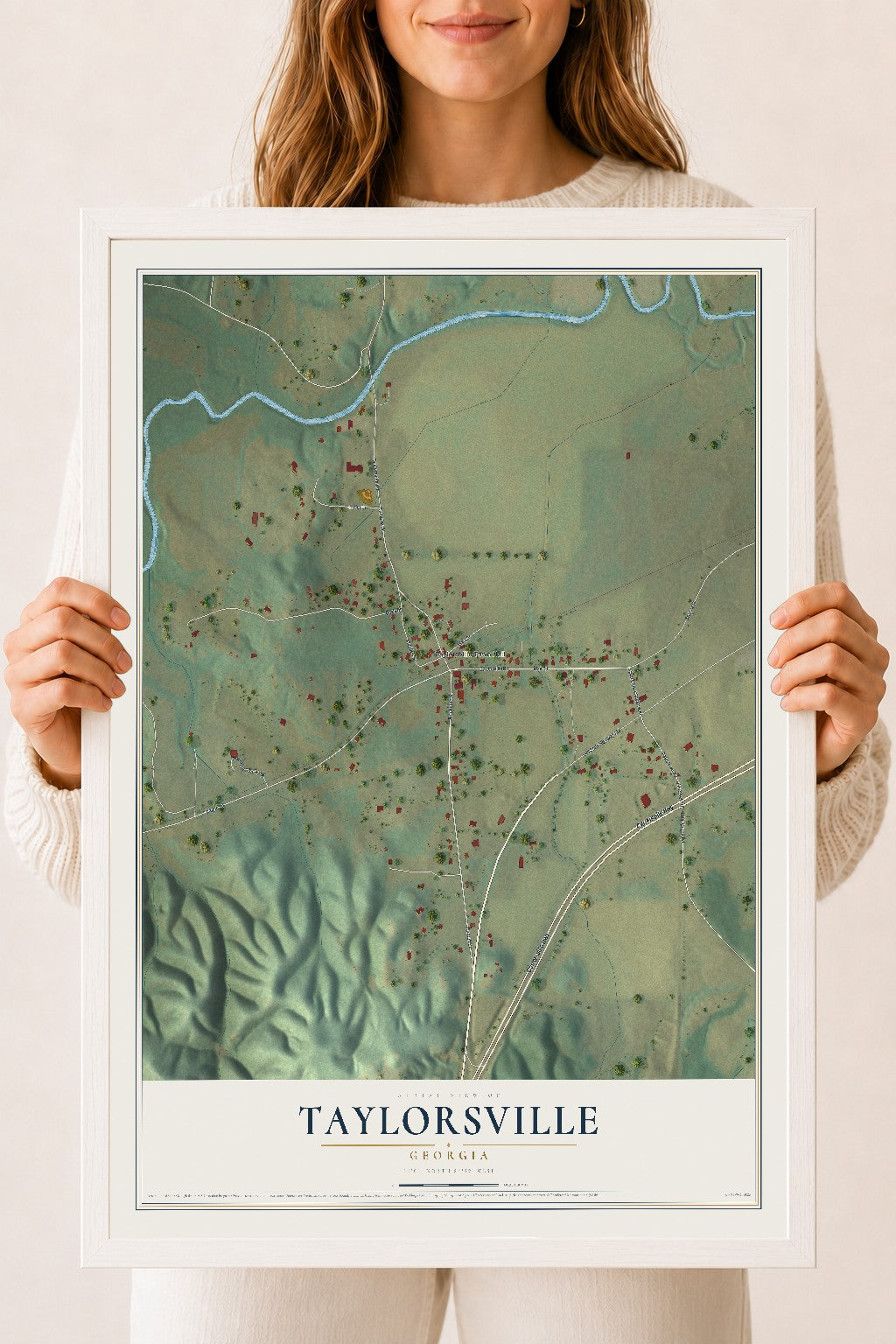 Taylorsville, Georgia map print, 18" x 24" W/ White Ayous Wood Frame mockup