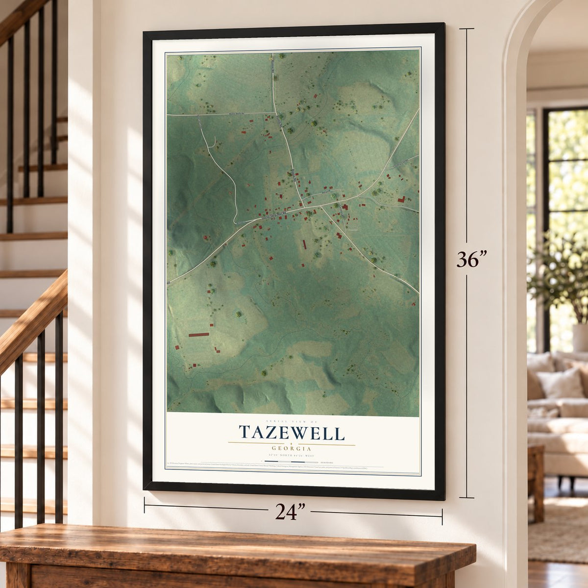 Tazewell, Georgia map, 24 x 36 inch print in a black frame by a staircase