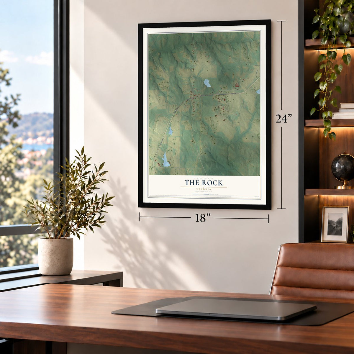 The Rock, Georgia map, 18 x 24 inch print in a black frame in a home office