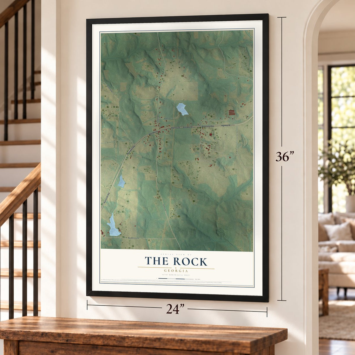 The Rock, Georgia map, 24 x 36 inch print in a black frame by a staircase