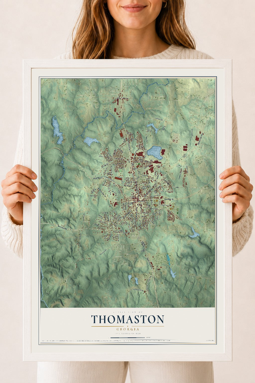 Thomaston, Georgia map print, 18" x 24" W/ White Ayous Wood Frame mockup