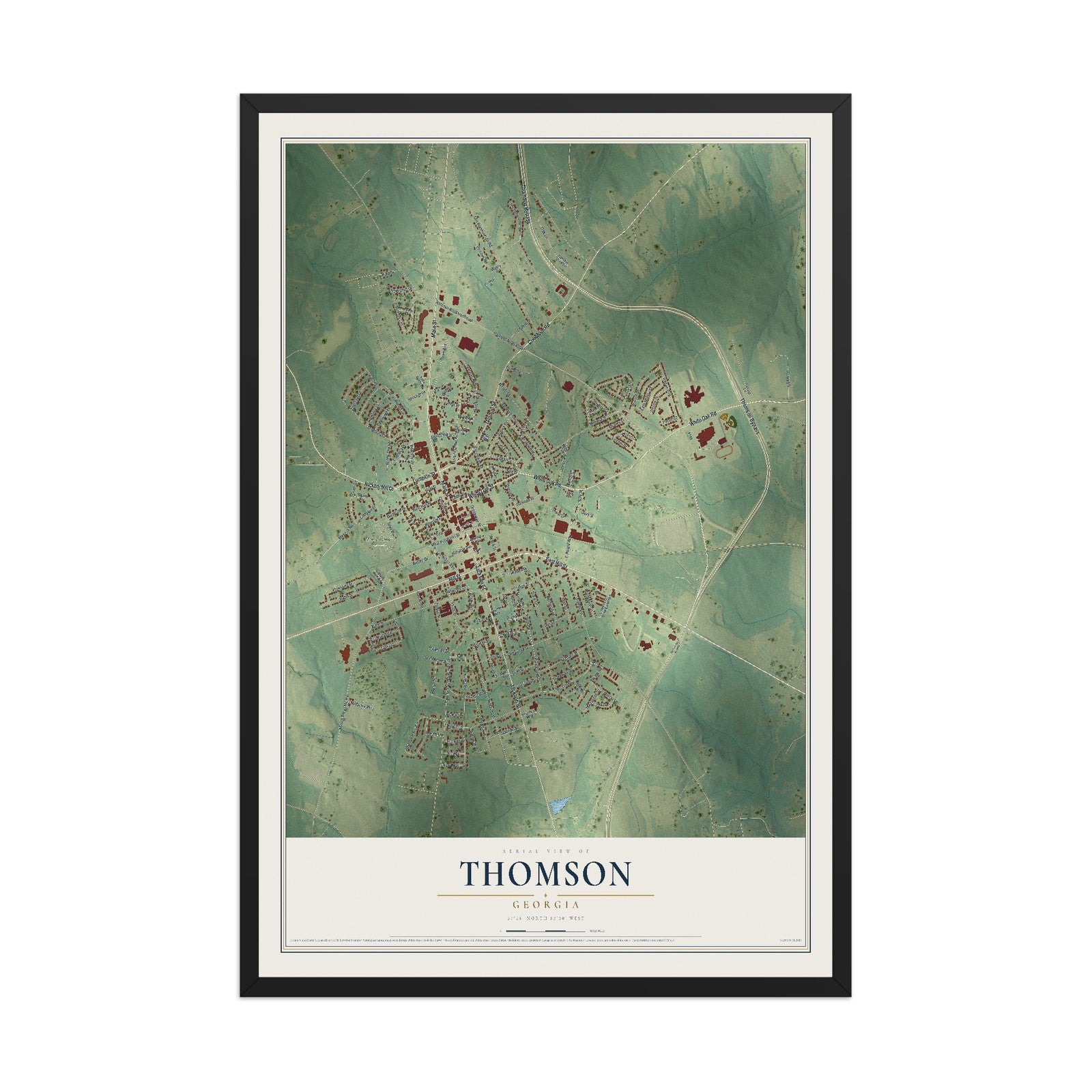 Thomson, Georgia map print, 12" x 18" W/ Black Ayous Wood Frame mockup