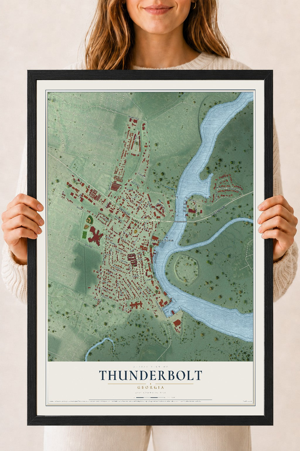 Thunderbolt, Georgia map print, 18" x 24" W/ Black Ayous Wood Frame mockup