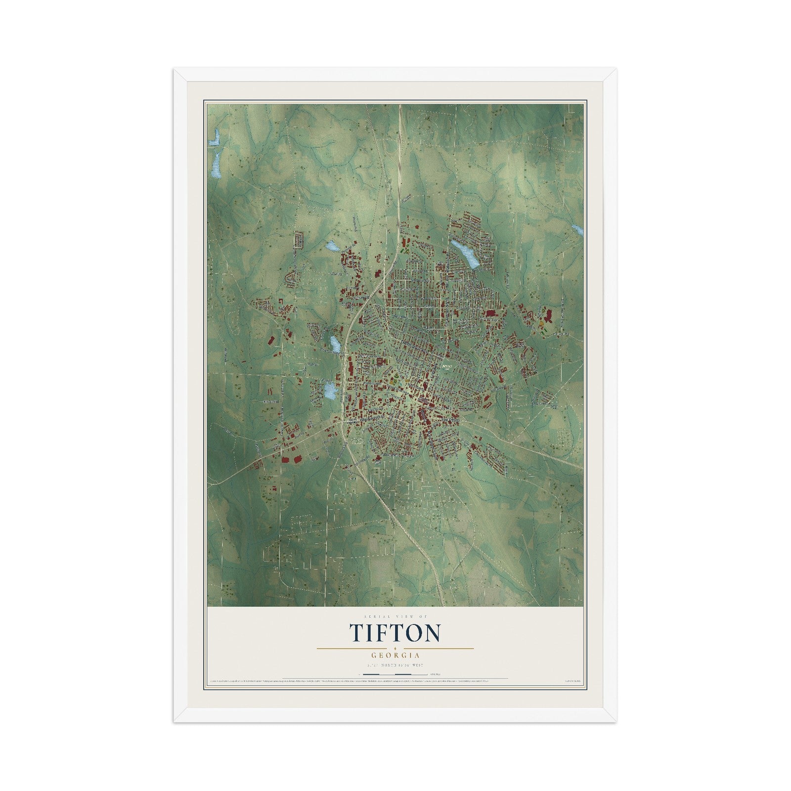 Tifton, Georgia map print, 12" x 18" W/ White Ayous Wood Frame mockup