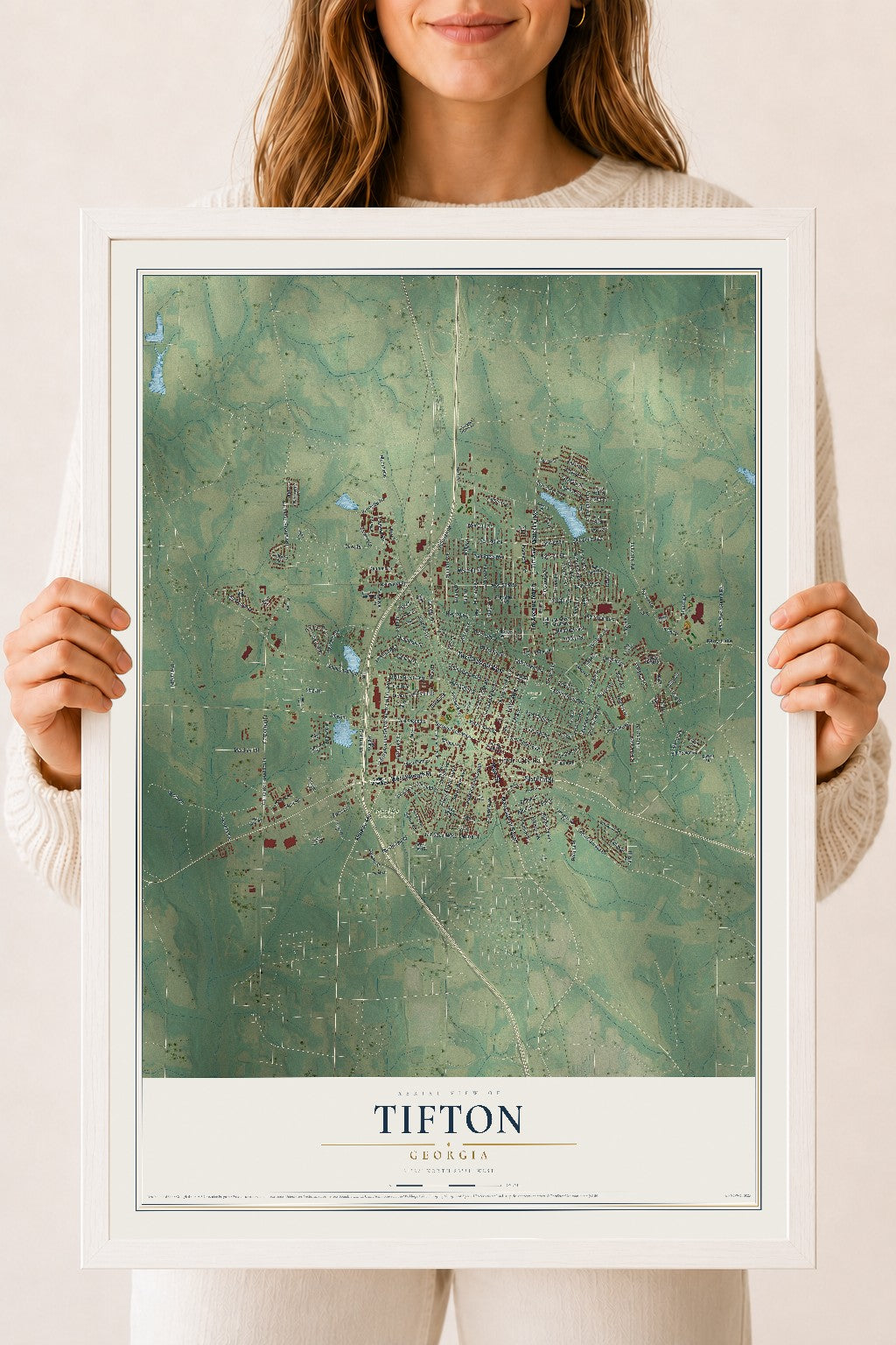 Tifton, Georgia map print, 18" x 24" W/ White Ayous Wood Frame mockup