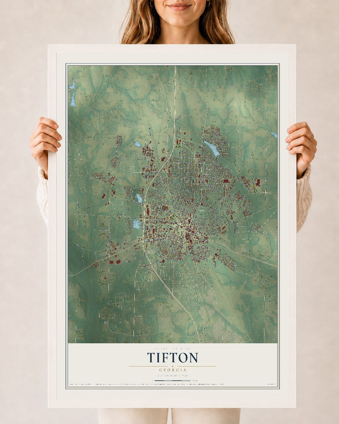 Tifton, Georgia map print, 24" x 36" W/ White Ayous Wood Frame mockup