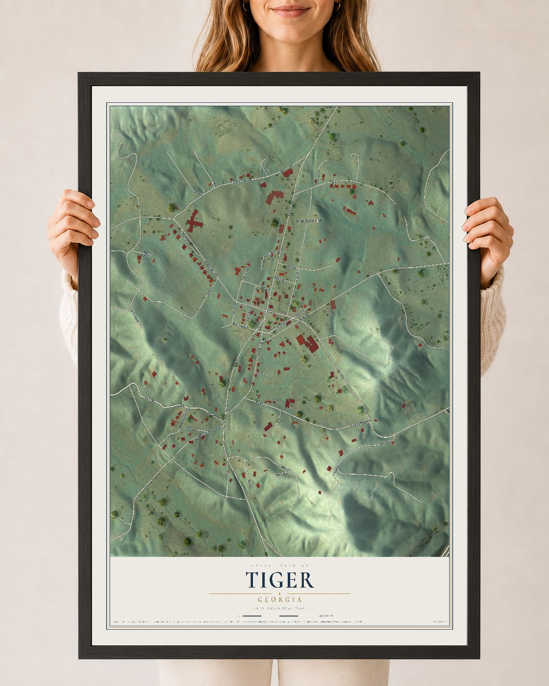 Tiger, Georgia map print, 24" x 36" W/ Black Ayous Wood Frame mockup