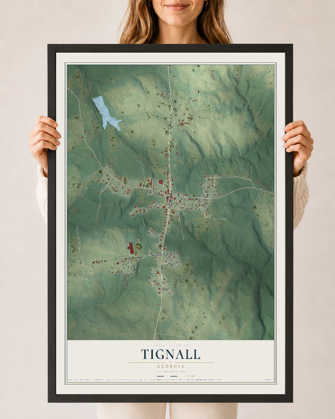 Tignall, Georgia map print, 24" x 36" W/ Black Ayous Wood Frame mockup