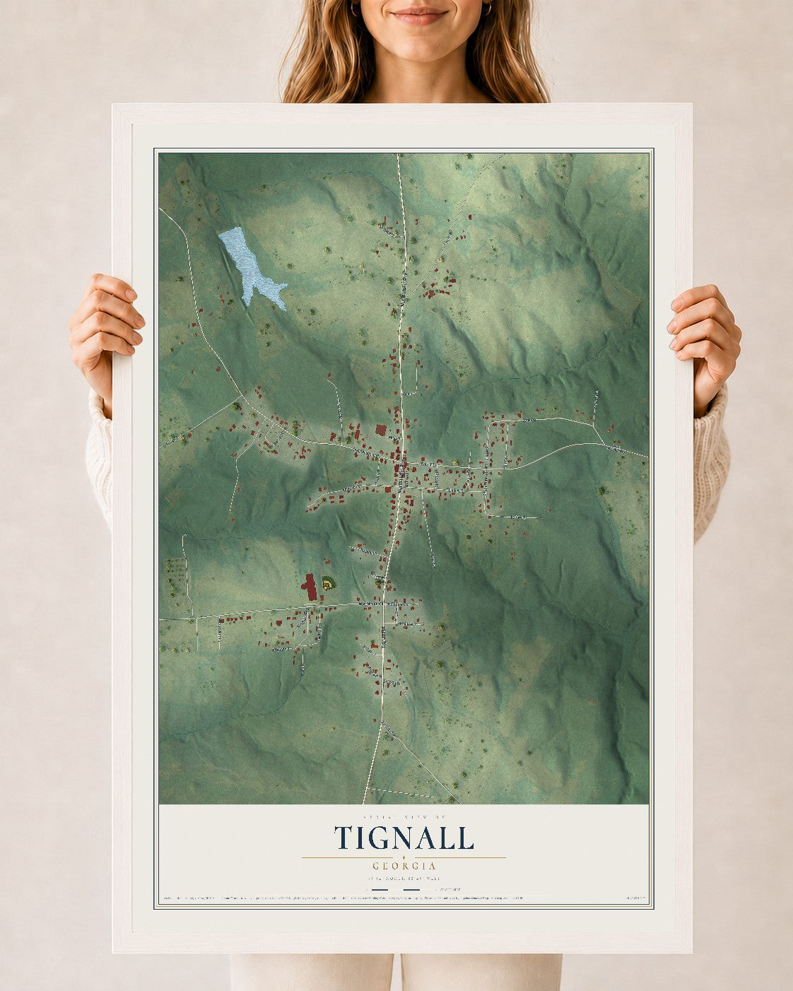 Tignall, Georgia map print, 24" x 36" W/ White Ayous Wood Frame mockup