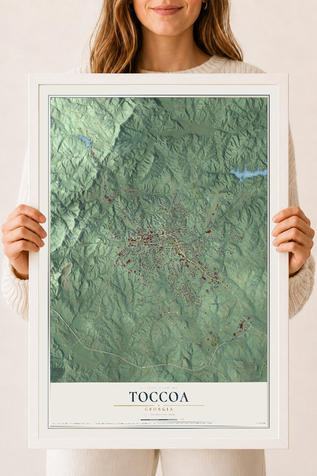 Toccoa, Georgia map print, 18" x 24" W/ White Ayous Wood Frame mockup