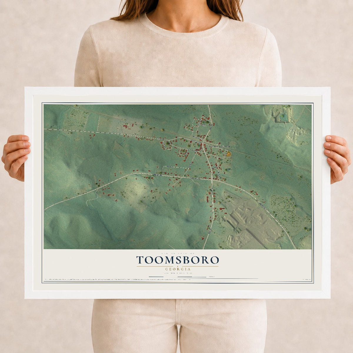Toomsboro, Georgia map print, 12" x 18" W/ White Ayous Wood Frame mockup
