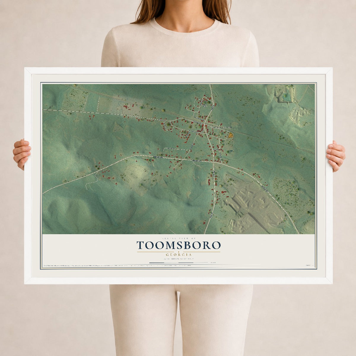 Toomsboro, Georgia map print, 24" x 36" W/ White Ayous Wood Frame mockup