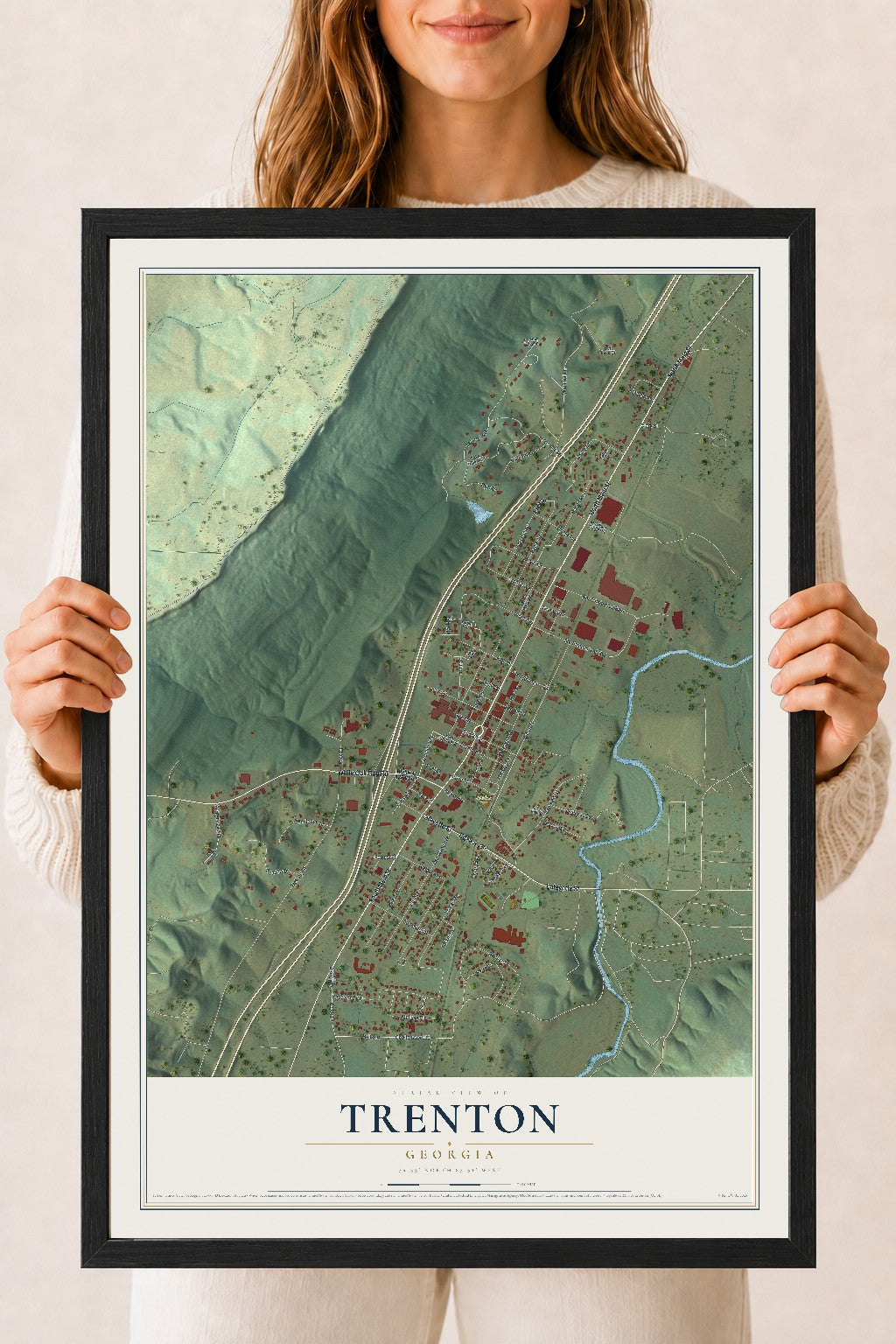 Trenton, Georgia map print, 18" x 24" W/ Black Ayous Wood Frame mockup