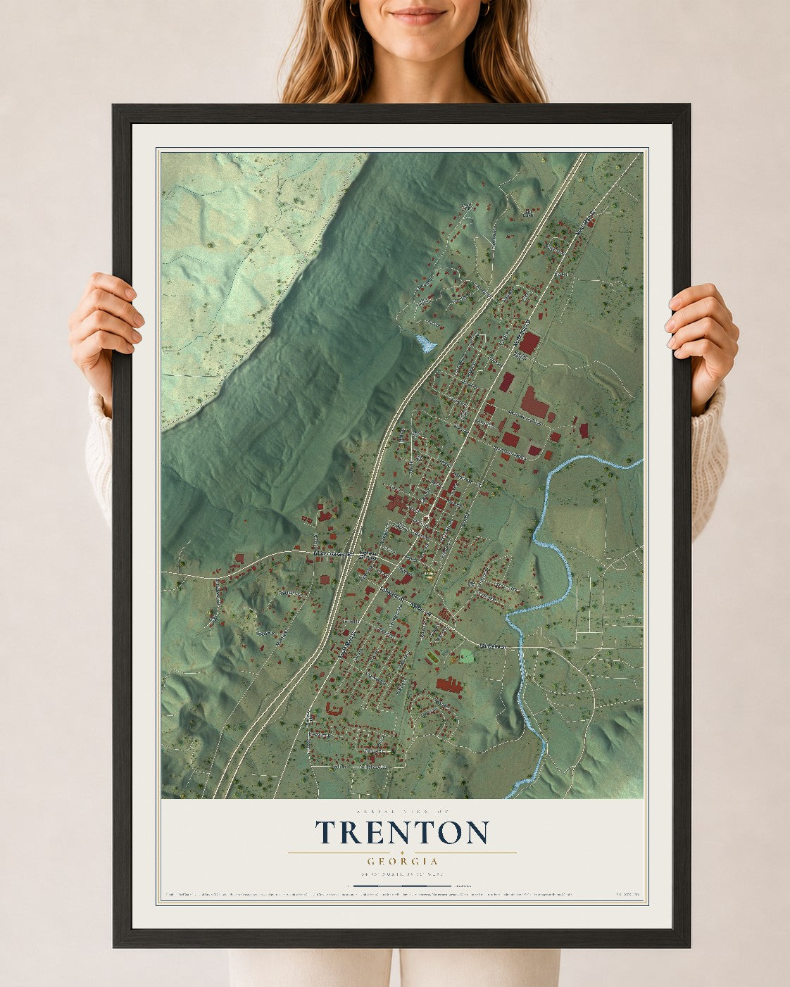 Trenton, Georgia map print, 24" x 36" W/ Black Ayous Wood Frame mockup
