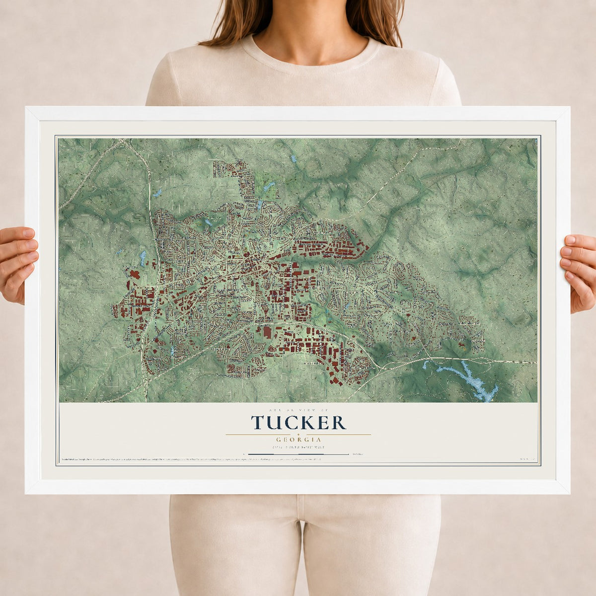 Tucker, Georgia map print, 18" x 24" W/ White Ayous Wood Frame mockup