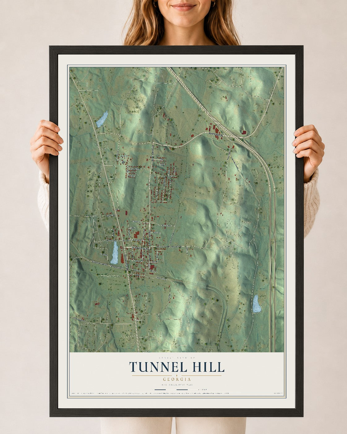 Tunnel Hill, Georgia map print, 24" x 36" W/ Black Ayous Wood Frame mockup