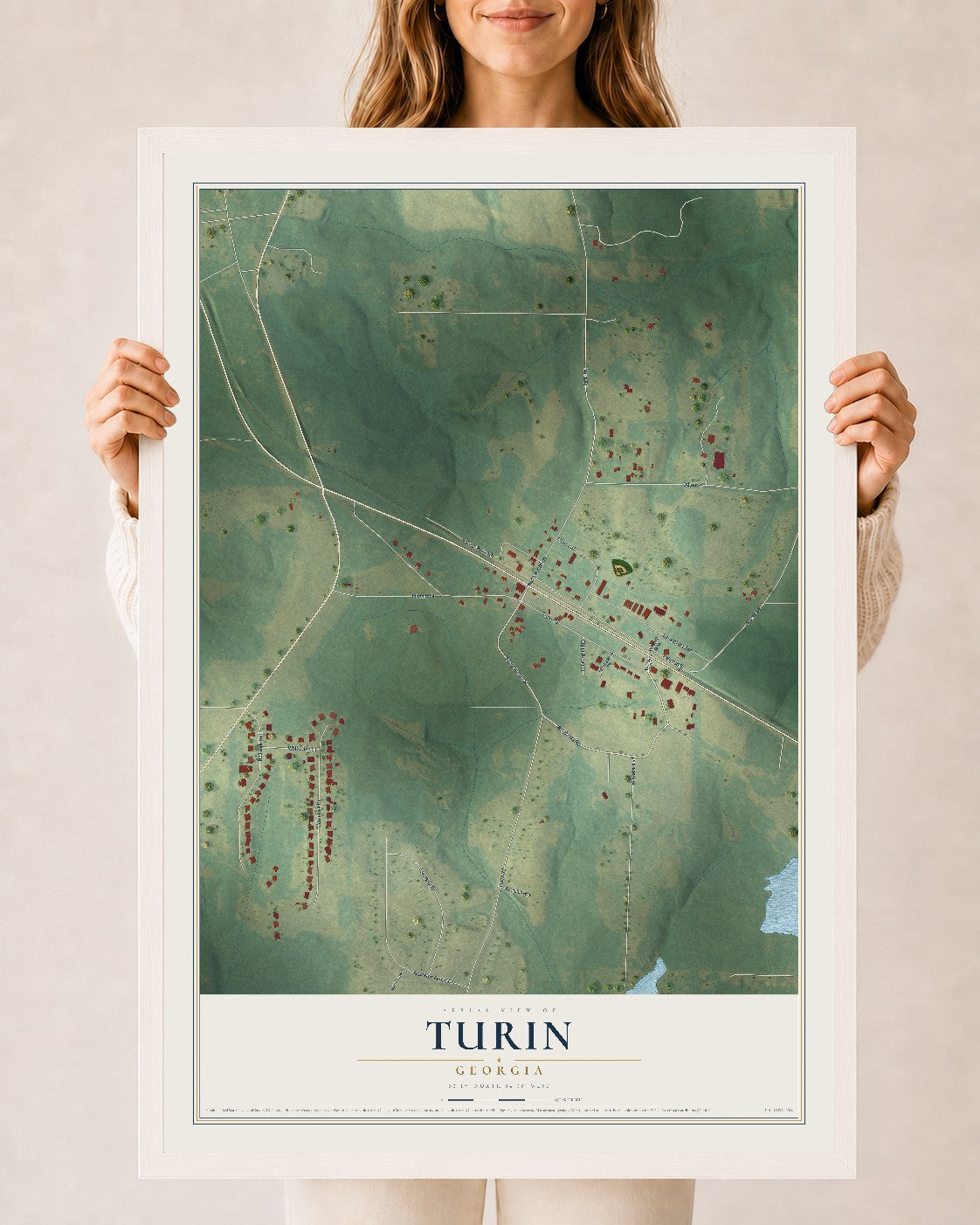 Turin, Georgia map print, 24" x 36" W/ White Ayous Wood Frame mockup
