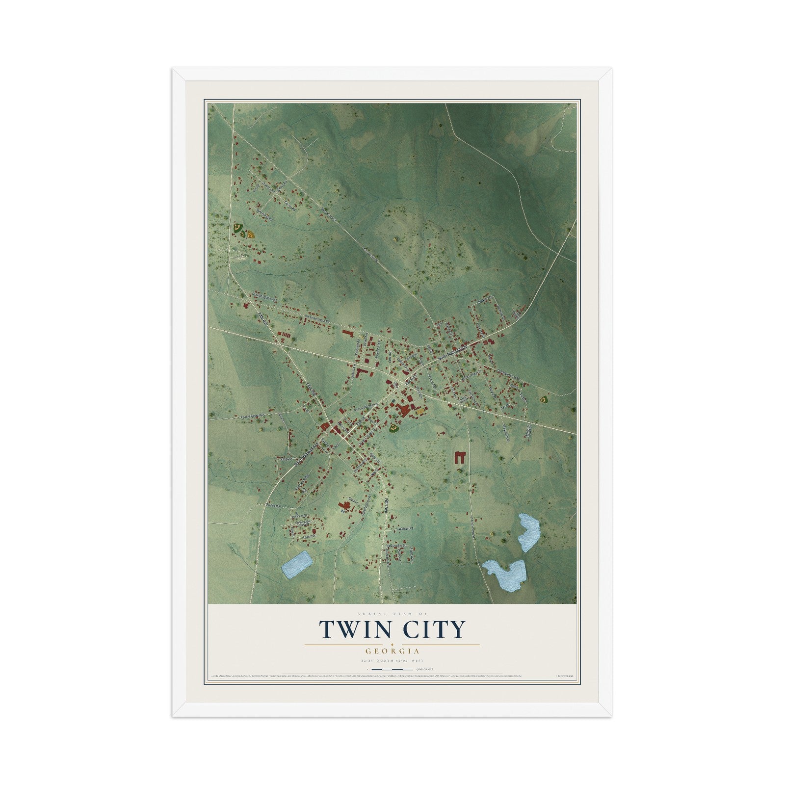 Twin City, Georgia map print, 12" x 18" W/ White Ayous Wood Frame mockup