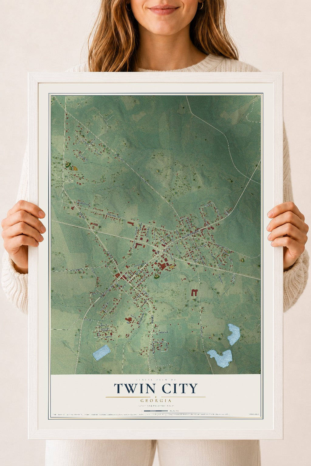 Twin City, Georgia map print, 18" x 24" W/ White Ayous Wood Frame mockup