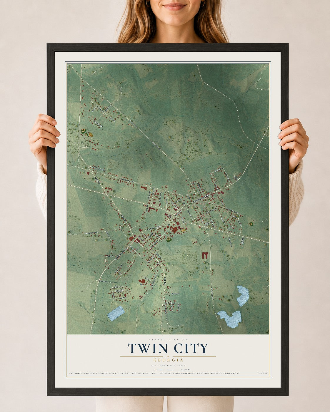 Twin City, Georgia map print, 24" x 36" W/ Black Ayous Wood Frame mockup