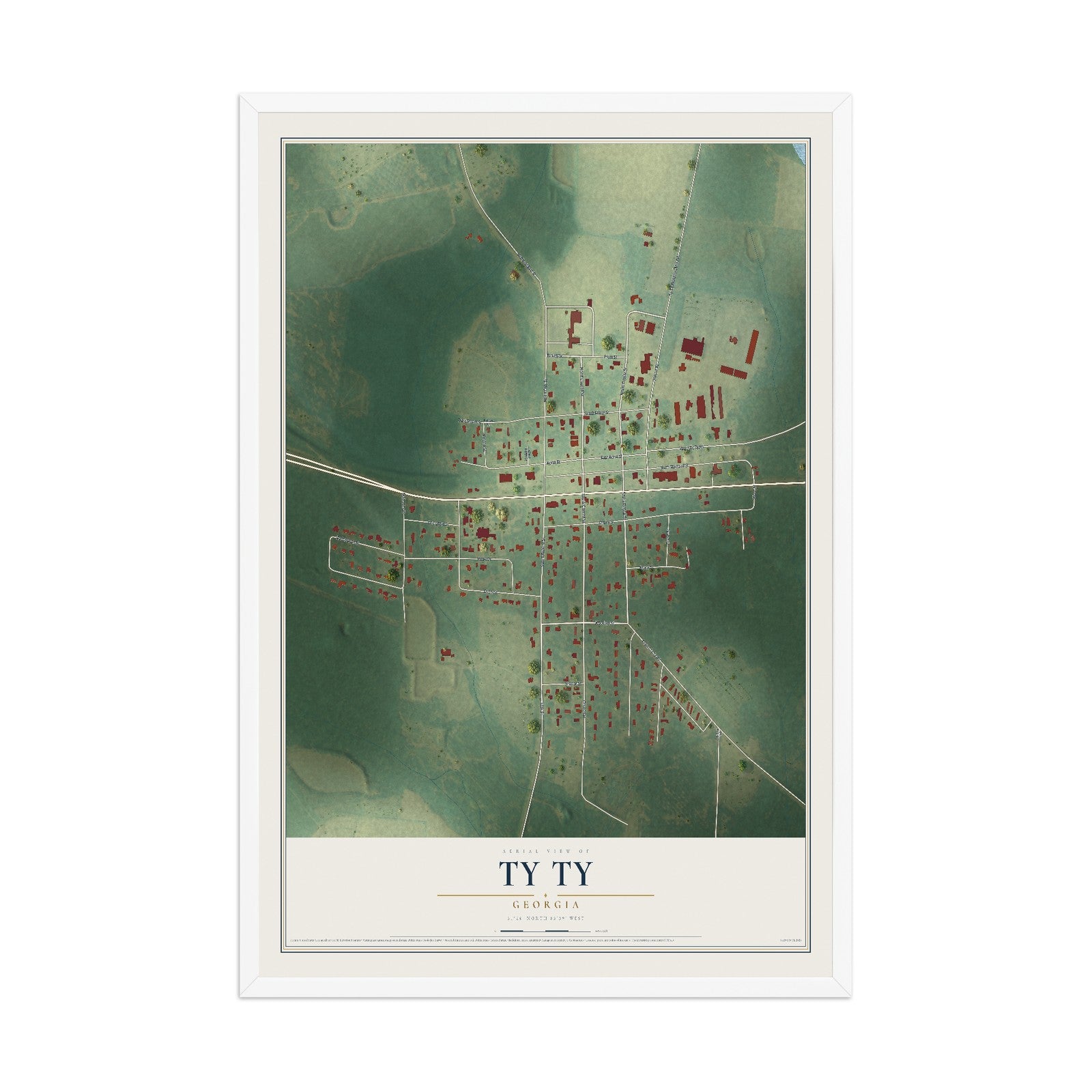Ty Ty, Georgia map print, 12" x 18" W/ White Ayous Wood Frame mockup