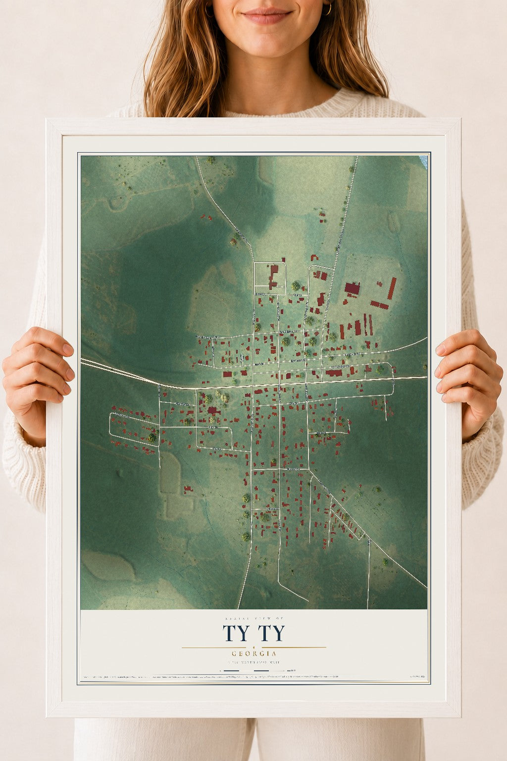 Ty Ty, Georgia map print, 18" x 24" W/ White Ayous Wood Frame mockup