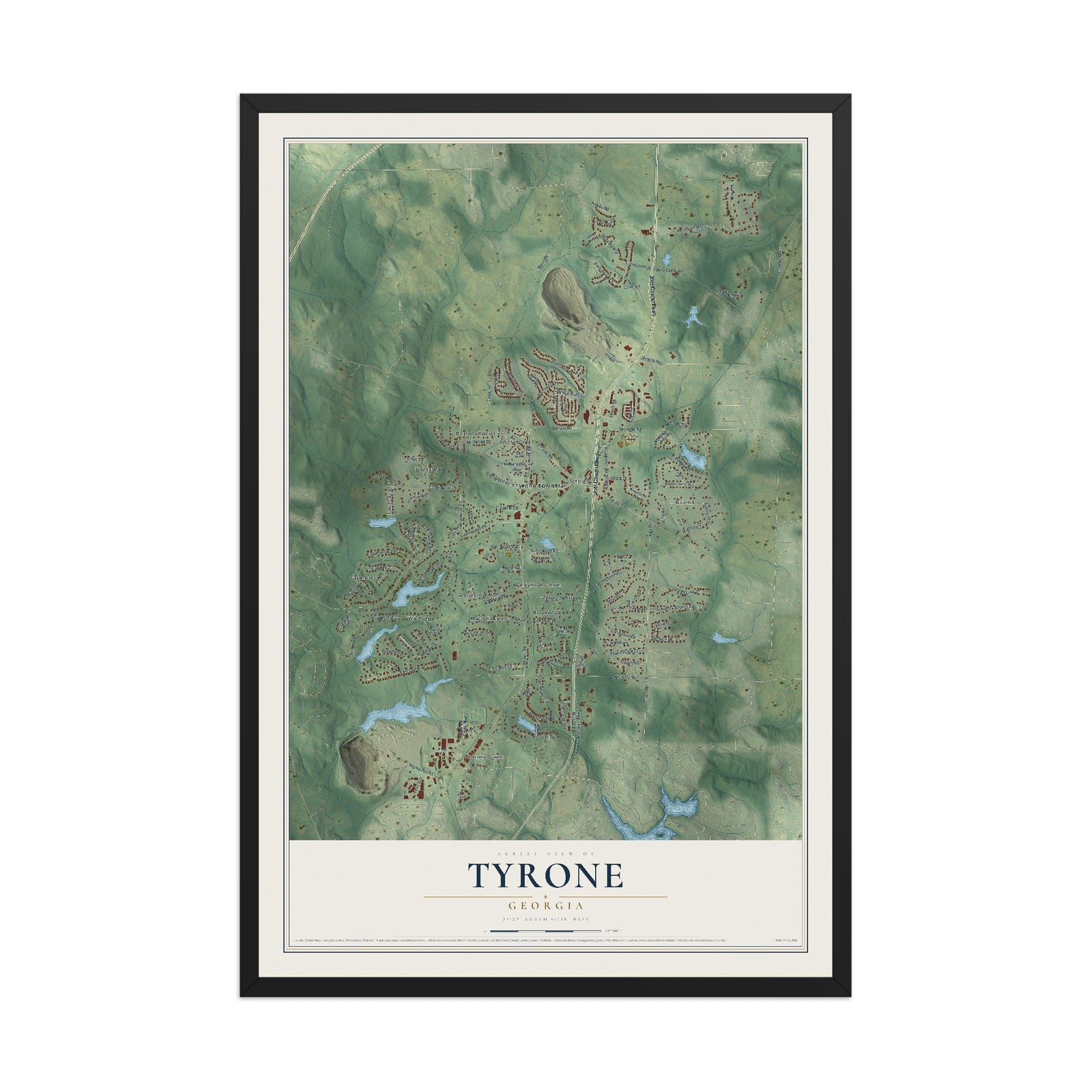 Tyrone, Georgia map print, 12" x 18" W/ Black Ayous Wood Frame mockup