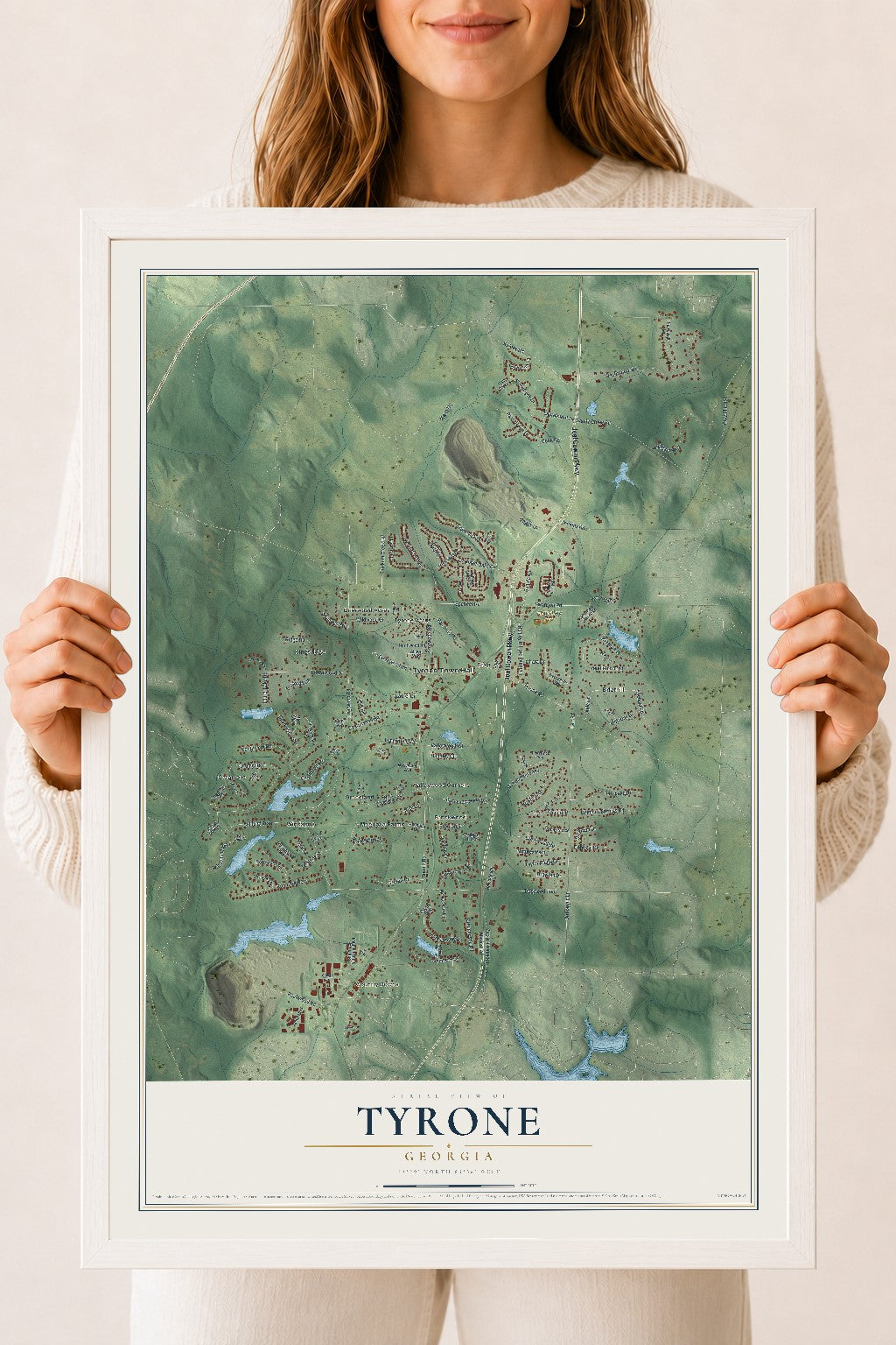 Tyrone, Georgia map print, 18" x 24" W/ White Ayous Wood Frame mockup