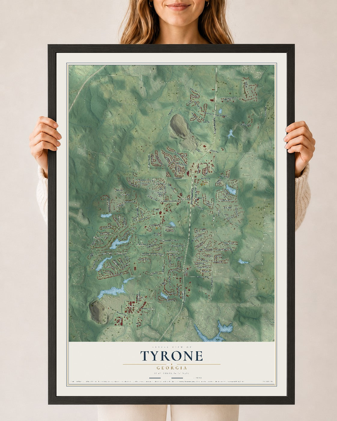 Tyrone, Georgia map print, 24" x 36" W/ Black Ayous Wood Frame mockup