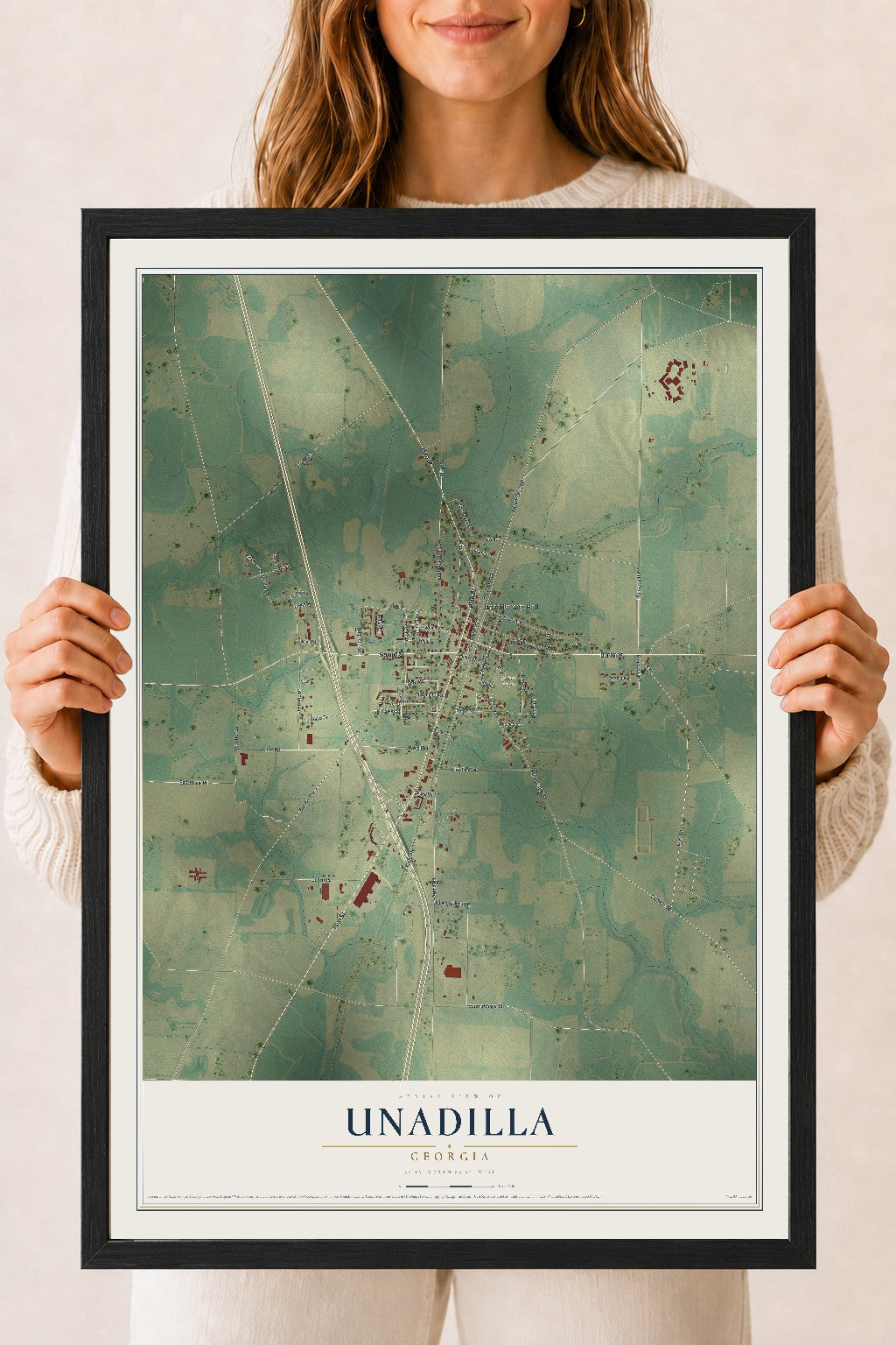 Unadilla, Georgia map print, 18" x 24" W/ Black Ayous Wood Frame mockup